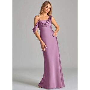 AZAZIE CELINA Wisteria Sheath Off the Shoulder Stretch Satin Dress